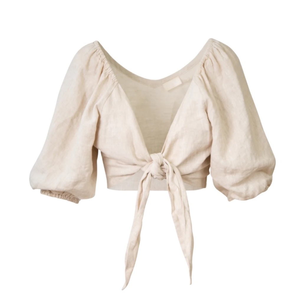 POSSE Linen V-Neck Short Sleeve Crop Top